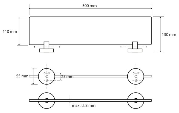 Sapho Sapho, raft din sticlă X-ROUND E 300x130mm, crom, XR601