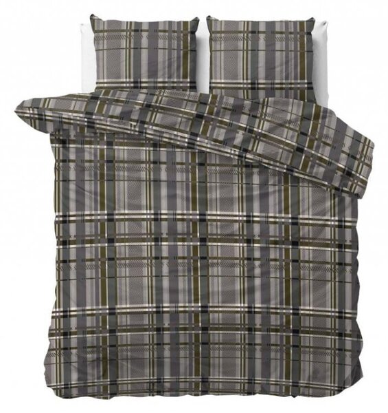 Lenjerie de pat unică maro-gri cu motiv geometric cu pătrate 200 x 220 cm 200x220