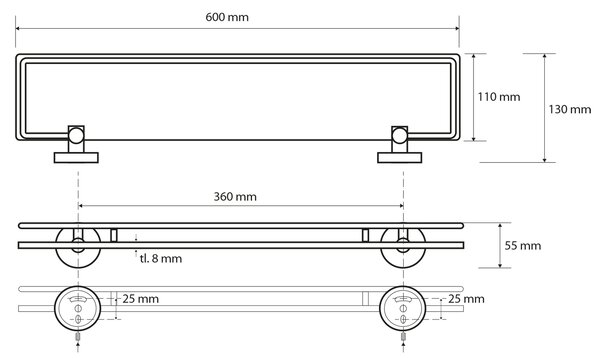Sapho Sapho, raft din sticlă X-ROUND E cu bară rabatabilă 600x130mm, sticlă de lapte, crom, XR600