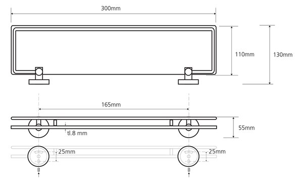 Sapho Sapho, raft din sticlă X-ROUND E cu bară rabatabilă 300x130mm, sticlă de lapte, crom, XR607
