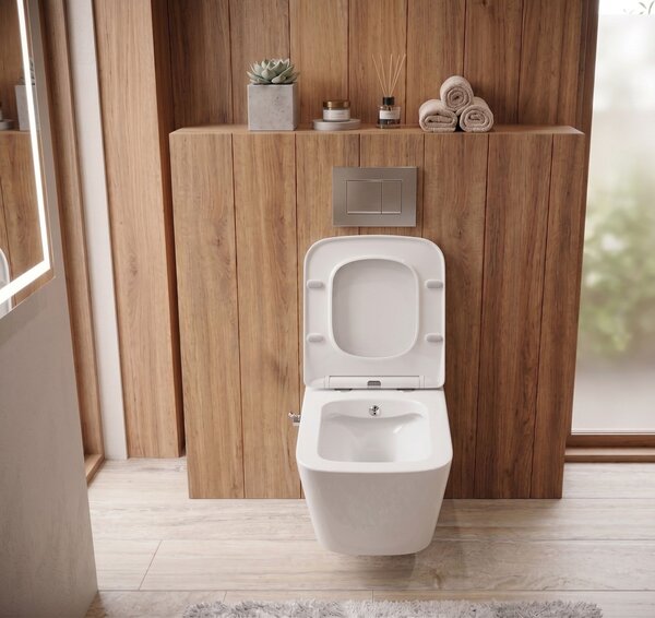 Erga Mery, vas de toaletă suspendat cu funcție de bideu, fără rampă + capac WC, alb lucios, ERG-V03-MERY-RIM-BID-WH