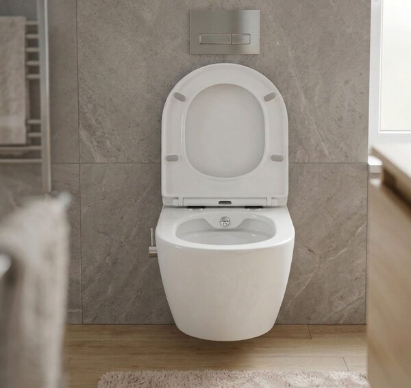 Erga Lily, vas de toaletă suspendat cu funcție de bideu + capac WC, alb lucios, ERG-V03-LILY-RIM-BID-WH