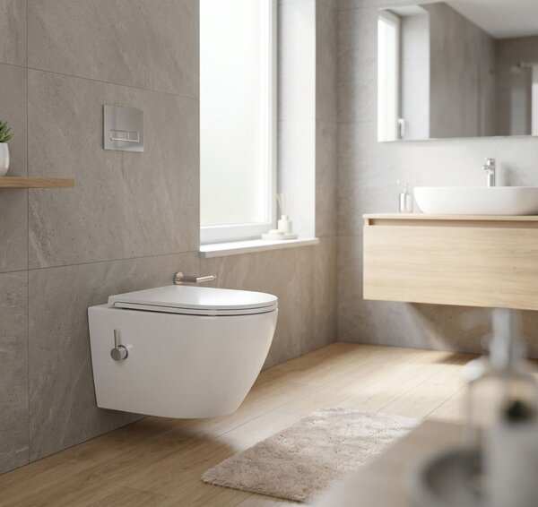 Erga Lily, vas de toaletă suspendat cu funcție de bideu + capac WC, alb lucios, ERG-V03-LILY-RIM-BID-WH