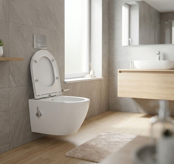Erga Lily, vas de toaletă suspendat cu funcție de bideu + capac WC, alb lucios, ERG-V03-LILY-RIM-BID-WH