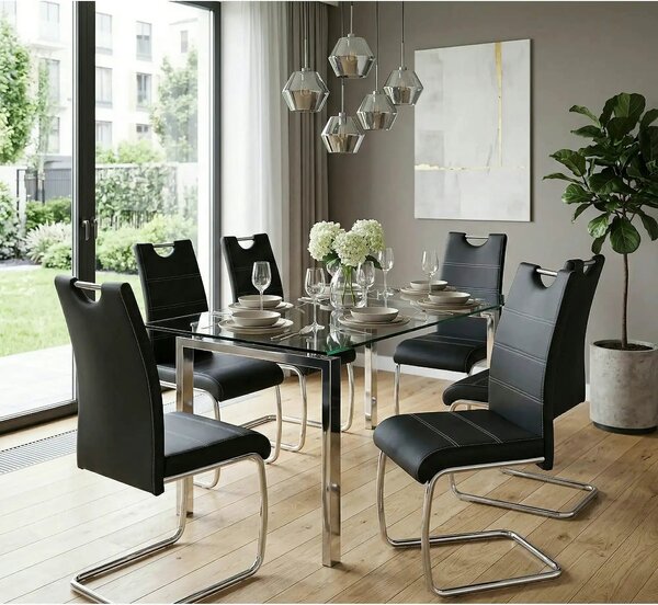 Scaun tapitat piele ecologica K211, negru/crom, 42x60x97 cm