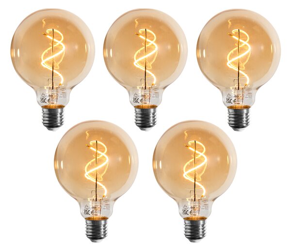 Set de 5 becuri LED E27 dimabile cu filament spiralat G95 aurii 4W 270 lm 2100K
