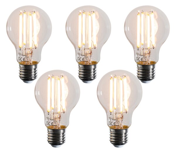Set de 5 becuri LED inteligente E27, reglabile în Kelvin, A60, transparente, 7W, 806 lm, 1800-3000K