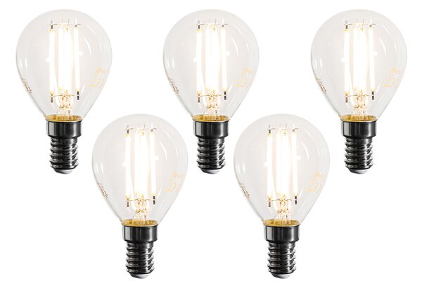 Set de 5 becuri cu filament LED E14, reglabile, G45, transparente, 4W, 470 lm, 2700K