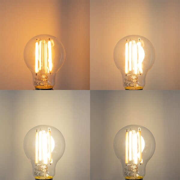 Set de 5 becuri LED inteligente E27, reglabile în Kelvin, A60, transparente, 7W, 806 lm, 1800-3000K