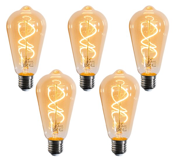 Set de 5 becuri LED E27 dimabile cu filament spiralat ST64 auriu 4W 270 lm 2100K