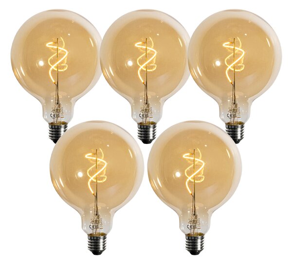 Set de 5 becuri LED E27 dimabile cu filament spiralat auriu G125 4W 270 lm 2200K