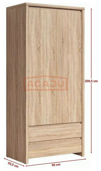 Dulap KASPIAN, stejar sonoma, PAL, cu 2 usi si 2 sertare, 90x56x201 cm