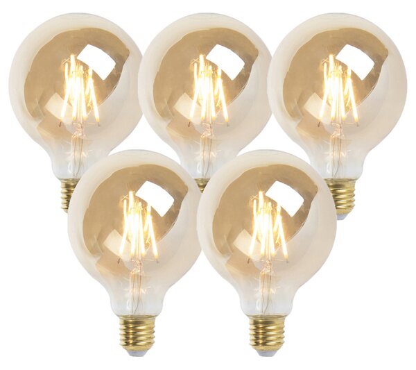Set de 5 becuri LED cu filament E27 reglabile G95 auriu 5W 380lm 2200K