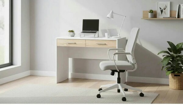 Birou Nepo Plus, alb/stejar, PAL laminat, 100x59x76 cm