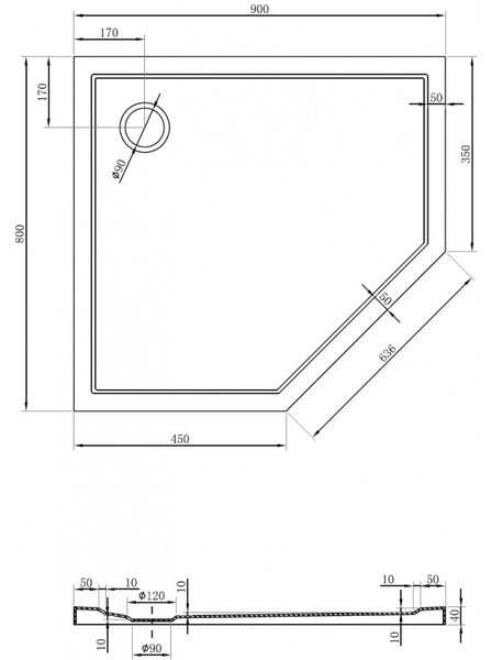 Cădiță de duș Mexen Flow Slim, pentagonală, stânga, 90 x 80 cm, alb lucios, 46P108090L