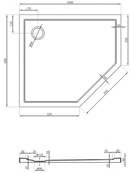 Cădiță de duș Mexen Flow Slim, pentagonală, stânga, 100 x 80 cm, alb lucios, 46P108010L