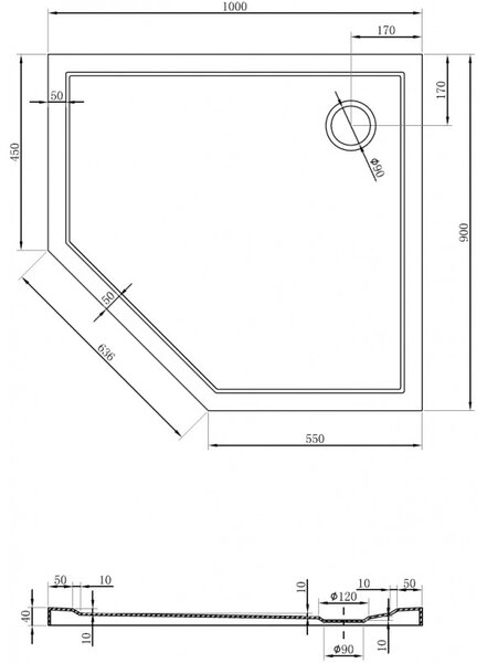 Cădiță de duș Mexen Flow Slim, pentagonală, cu montare pe dreapta, subțire, 100 x 90 cm, alb lucios, 46P109010R