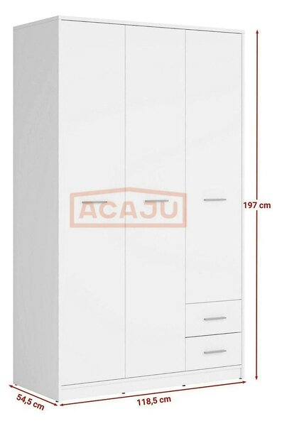 Dulap NEPO PLUS, alb, PAL, cu 3 usi si 2 sertare, 119x55x197 cm