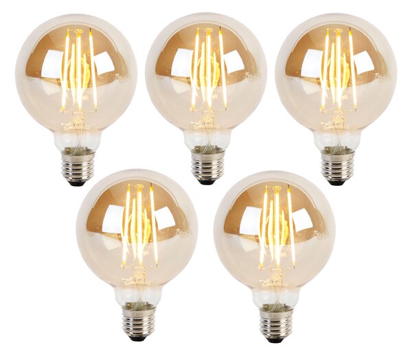 Set de 5 becuri LED reglabile cu 3 trepte E27 G95 sticlă aurie 5W 380lm 2200K