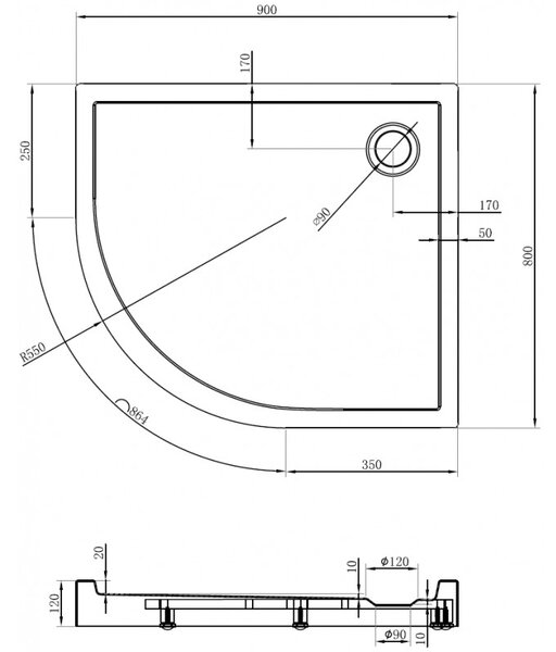 Mexen Flow+, cădiță de duș asimetrică, cu formă de sfert de cerc, dreapta, 90 x 80 cm, alb lucios, 46Q108090RH