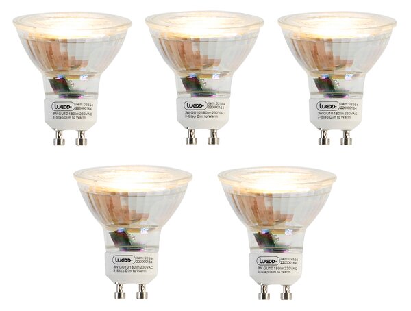 Set de 5 becuri LED GU10 reglabile în 3 trepte Kelvin 3W 180lm 2000K-2700K