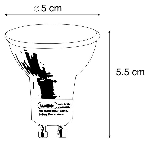 Set de 5 becuri LED GU10 reglabile în 3 trepte Kelvin 3W 180lm 2000K-2700K