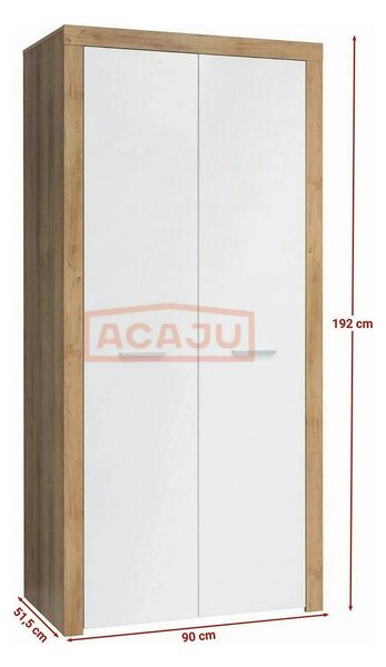 Dulap BALDER, alb lucios/stejar riviera, PAL, cu 2 usi, 90x52x192 cm