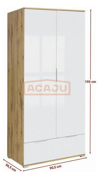 Dulap ZELE, alb lucios/stejar wotan, PAL, cu 2 usi, 91x57x195 cm
