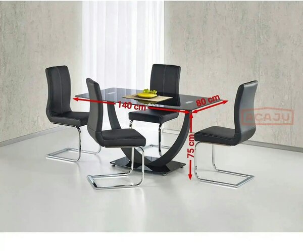 Masa ANTON, negru transparent/negru, sticla/metal, 140x80x75 cm