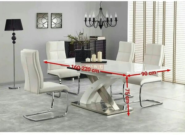 Masa extensibila SANDOR 2, alb/crom, sticla securizata/otel, 160/220x9