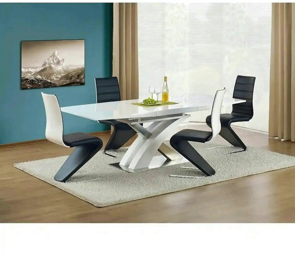 Masa alb lucios SANDOR, extensibila, alb/crom, 160/220x90x77 cm