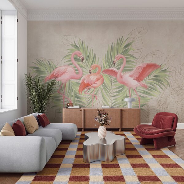 Fototapet Grup de flamingo roz cu frunze verzi, Fototapet animale, Fototapet populare, t00741 - Tapeko.ro