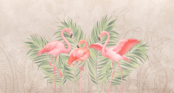 Fototapet Grup de flamingo roz cu frunze verzi, Fototapet animale, Fototapet populare, t00741 - Tapeko.ro