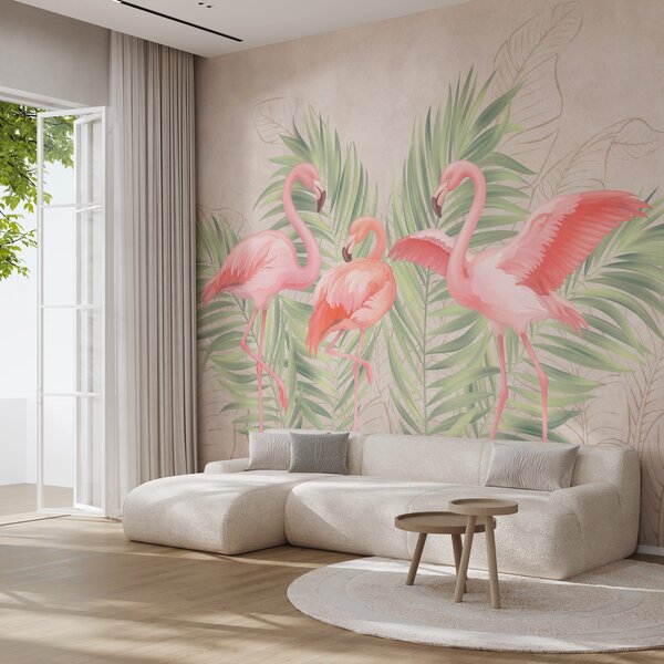 Fototapet Grup de flamingo roz cu frunze verzi, Fototapet animale, Fototapet populare, t00741 - Tapeko.ro