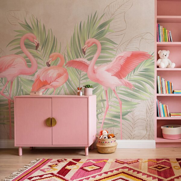 Fototapet Grup de flamingo roz cu frunze verzi, Fototapet animale, Fototapet populare, t00741 - Tapeko.ro