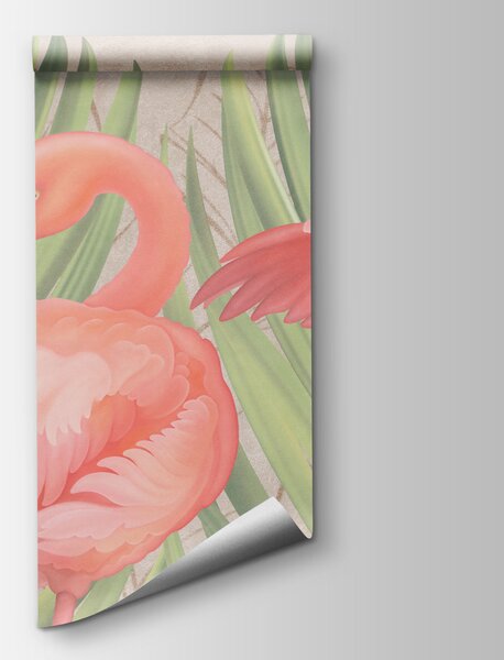 Fototapet Grup de flamingo roz cu frunze verzi, Fototapet animale, Fototapet populare, t00741 - Tapeko.ro