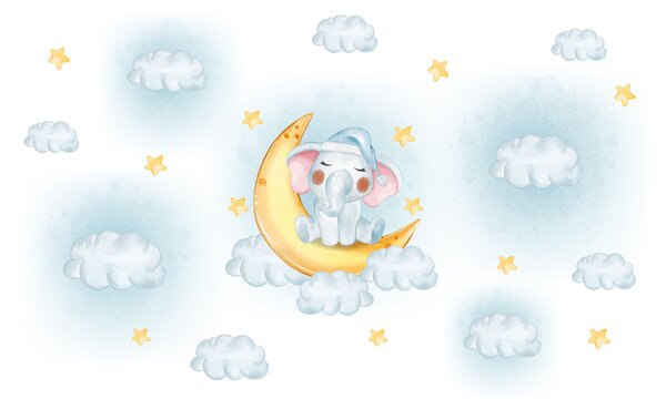 Fototapet Elefant de desene animate așezat pe Lună, Fototapet copii, Fototapet populare, w00951 - Tapeko.ro