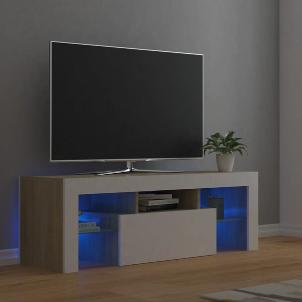 Comodă TV cu lumini LED, alb și stejar Sonoma, 120x35x40 cm
