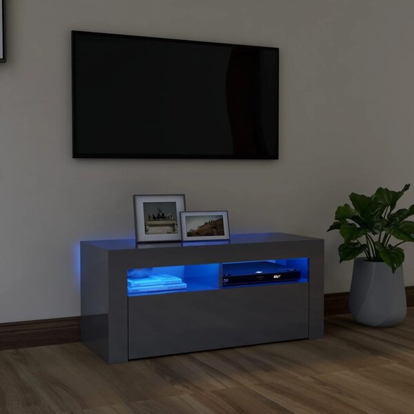 Comodă TV cu lumini LED, gri extralucios, 90x35x40 cm