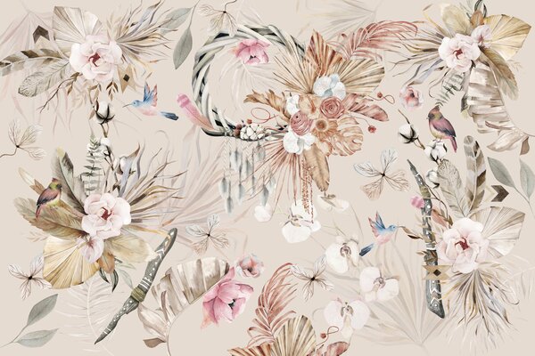 Fototapet Motiv floral cu păsări și flori, Fototapet natură, Fototapet populare, w03885v3 - Tapeko.ro