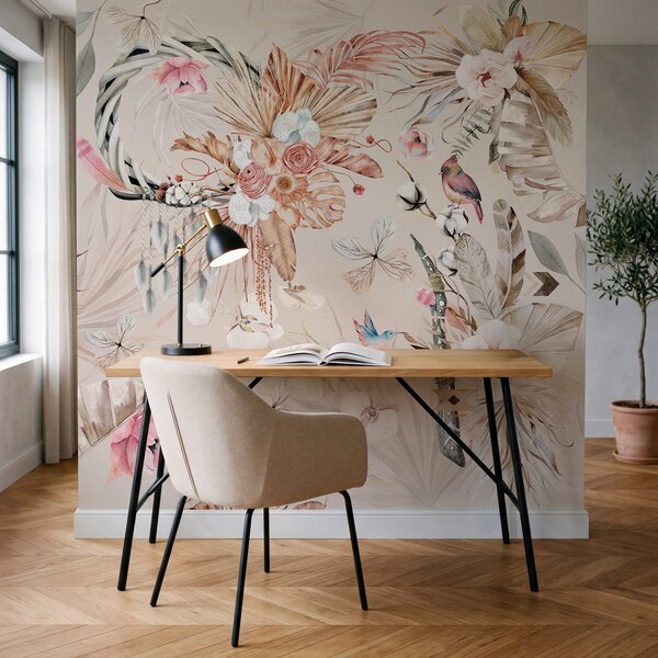 Fototapet Motiv floral cu păsări și flori, Fototapet natură, Fototapet populare, w03885v3 - Tapeko.ro