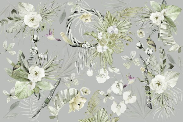 Fototapet Motiv floral cu păsări și flori, Fototapet pene, Fototapet populare, w03885v2 - Tapeko.ro