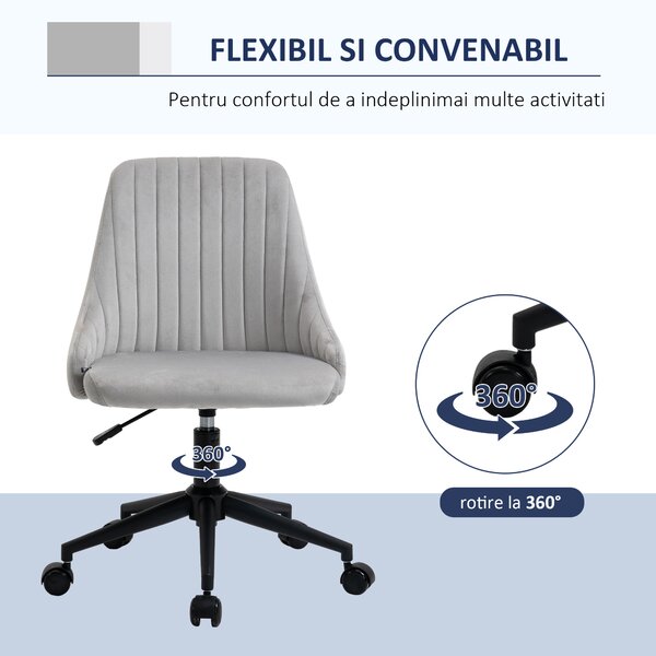 Vinsetto Scaun de Birou Ergonomic cu Roti Pivotante 360°, Înălțime Ajustabilă, Catifea Gri, 50x58x77-85cm | Aosom Romania