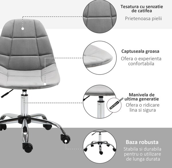 Vinsetto Scaun Rotativ Ergonomic cu Bază cu 5 Roți Înălțime Ajustabilă Gri 59x59x81-91cm | Aosom Romania