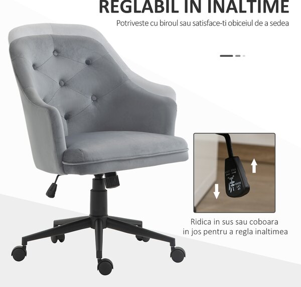 Vinsetto Scaun de Birou Ergonomic Pivotant, Înălțime Ajustabilă, Catifea Gri, 59x58x80-90cm, Design Modern | Aosom Romania