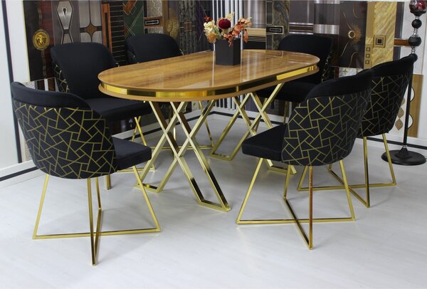 Set masă Ovală Julia Nuc cu 6 scaune Alexa Negru Gold