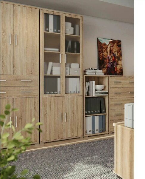 Dulap OFFICE LINE, stejar sonoma, PAL, cu 4 usi si 2 sertare, 79x35x22