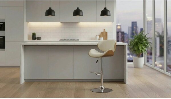 Scaun bar H44, crem/nuc/crom, piele ecologica/placaj indoit/otel, 53x4