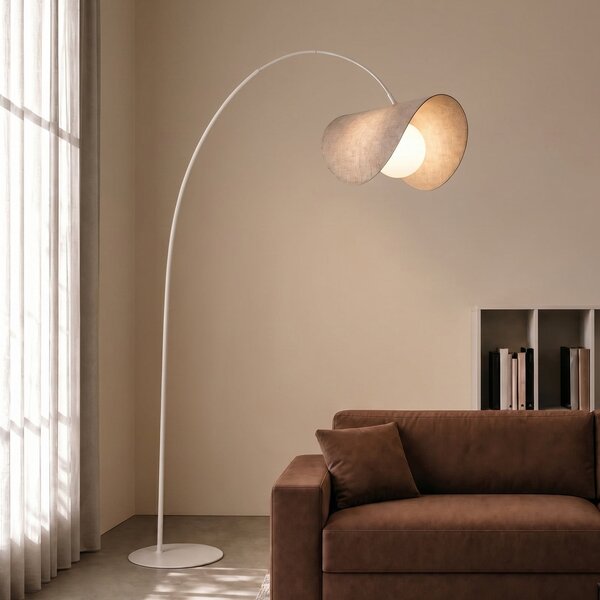Lucande Lampa arc LED Sansibar, bej, 180 cm, dimabil, reglabil, Bej, Camera de zi / sufragerie, Țesătură / Textil, Design