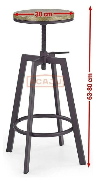 Scaun bar industrial H64, stejar/gri inchis, 30x30x63/80 cm